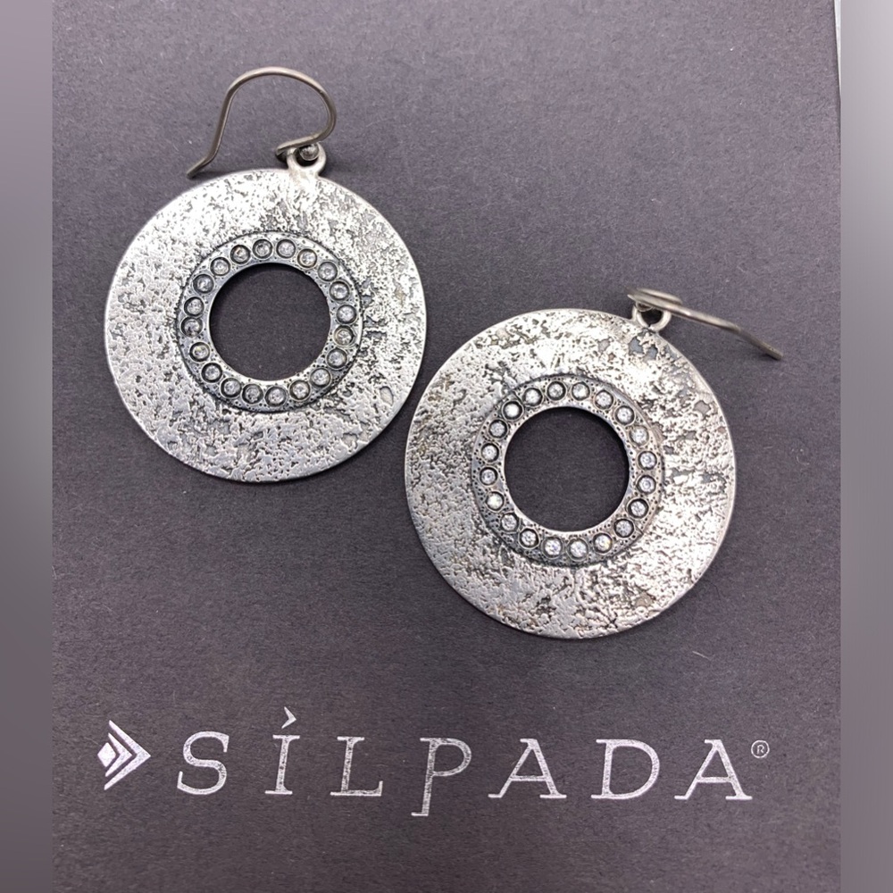 Silpada Vintage Textured Oxidized Sterling & Cubic Zirconia Disc Earrings